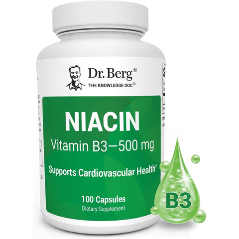 Dr. Berg Highly-Potent Niacin Flush Tolerance 500 mg Vitamin B3 for Heart Brain & Energy Support – 100 Caps