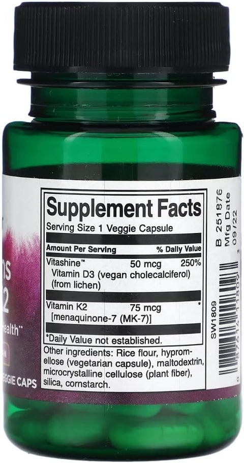 Swanson Vitamins D3 & K2 MK-7 2000 IU Bone and Immune Health 60 Veggie Caps