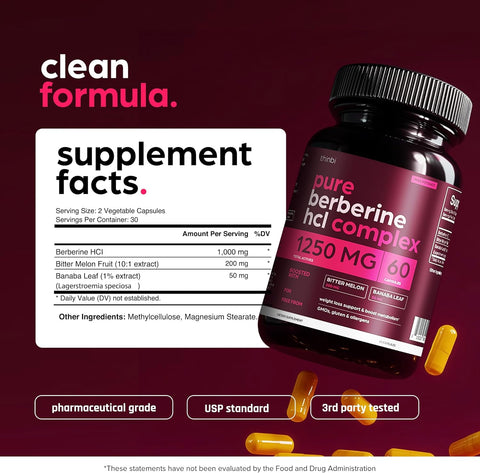 Artnaturals Berberine 1250mg for Weight Management with Bitter Melon and Banaba Leaf - HCl from Barberry Extract 60 Caps