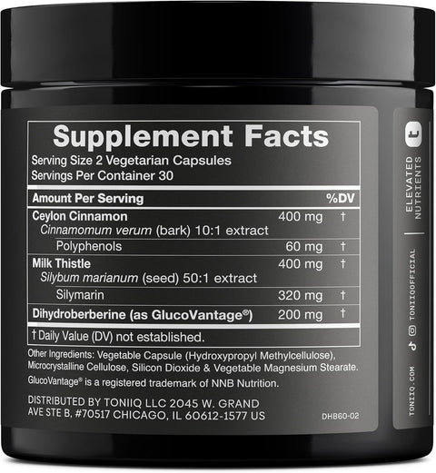Toniiq Dihydroberberine Blood sugar Glucovantage Ceylon Cinnamon And Milk Thistle 50:1 Lab Tested 60 Caps