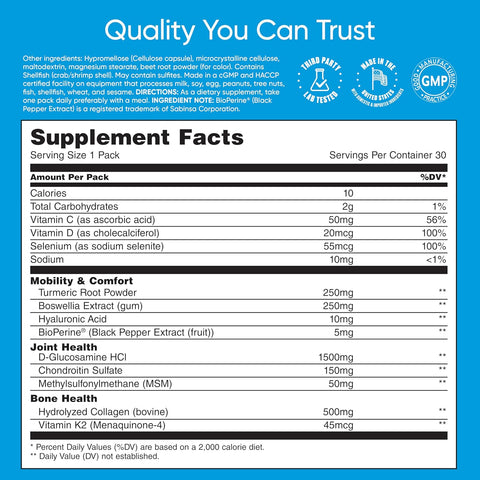 Universal U Mobility & Bone Joint & Cartilage Multivitamin Collagen Turmeric Glucosamine Chondroitin MSM 30 Packs