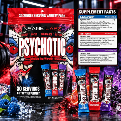 Insane Labz Psychotic Preworkout Energy Focus and Endurance with Beta Alanine Creatine Monohydrate DMAE 30 Pack Variety