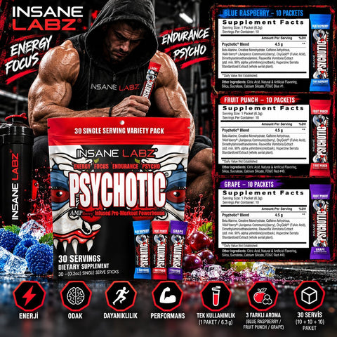 Insane Labz Psychotic Preworkout Energy Focus and Endurance with Beta Alanine Creatine Monohydrate DMAE 30 Pack Variety