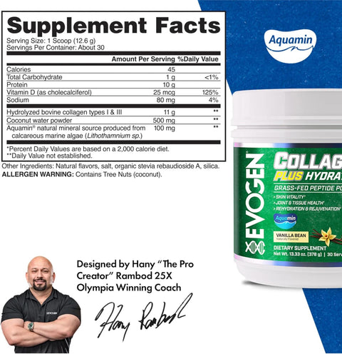 Evogen Collagen Plus Hydration Grass Fed Collagen Skin Joint & Tissue Health Unflavored