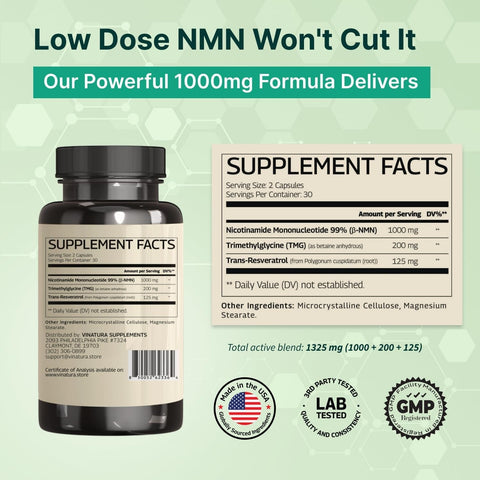 VINATURA NMN 1325MG NMN 1000mg with Resveratrol and TMG NAD+ 60 Caps - Supplementhane