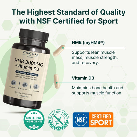 VINATURA HMB 3000mg Muscle Defense with HMB Beta-Hydroxy Beta-Methylbutyrate Vitamin D3 1600 IU Labs Tested NSF Certified for Sport - 120 Caps