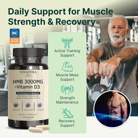 VINATURA HMB 3000mg Muscle Defense with HMB Beta-Hydroxy Beta-Methylbutyrate Vitamin D3 1600 IU Labs Tested NSF Certified for Sport - 120 Caps