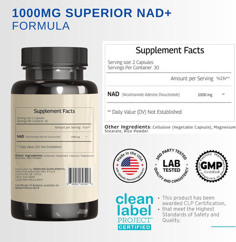 VINATURA NAD Nicotinamide Adenine Dinucleotide 1000mg - Pure Nad for Anti-Aging 60 Caps