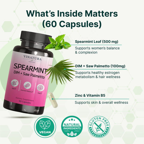 VINATURA Spearmint with DIM & Saw Palmetto Vitamin B5 Zinc Hair Women Health & Skin 60 Capsules