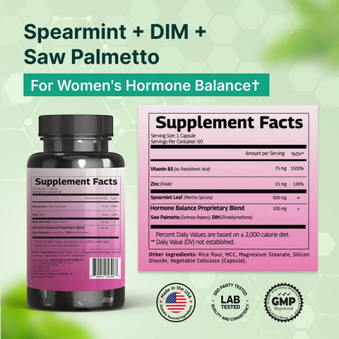 VINATURA Spearmint with DIM & Saw Palmetto Vitamin B5 Zinc Hair Women Health & Skin 60 Capsules