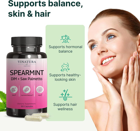 VINATURA Spearmint with DIM & Saw Palmetto Vitamin B5 Zinc Hair Women Health & Skin 60 Capsules