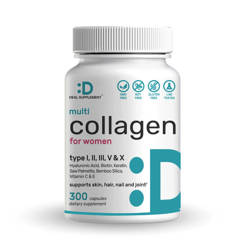 Deal Supplement Multi-Collagen Pills for Women with Vitamin C, E, & Biotin, 300 Capsules