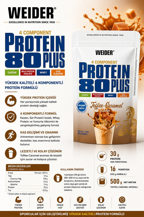 Weider 80 Plus Casein & Isolate & Whey & Egg Protein Tozu 500 gram - Caramel - Supplementhane