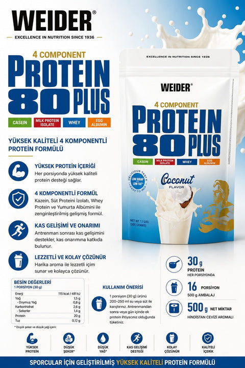 Weider 80 Plus Casein & Isolate & Whey & Egg Protein Tozu 500 gram - Coconut - Supplementhane