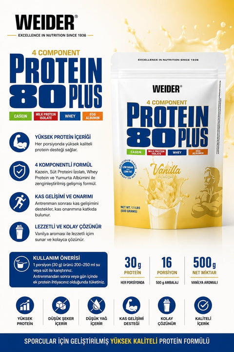 Weider 80 Plus Casein & Isolate & Whey & Egg Protein Tozu 500 gram - Vanilla - Supplementhane