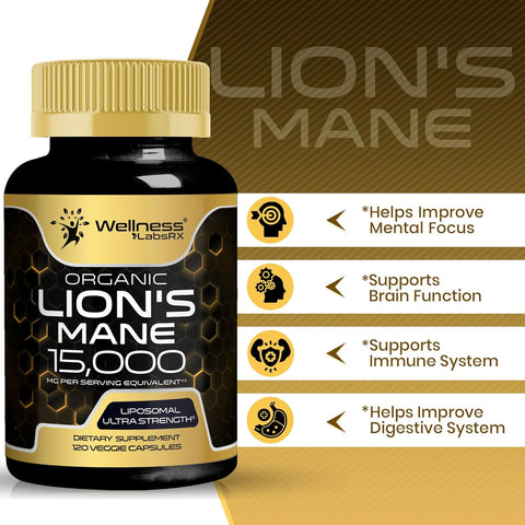 WELLNESS LABS Lions Mane Real Mushroom Brain, Memory and Focus Cognitive Immune 120 Caps