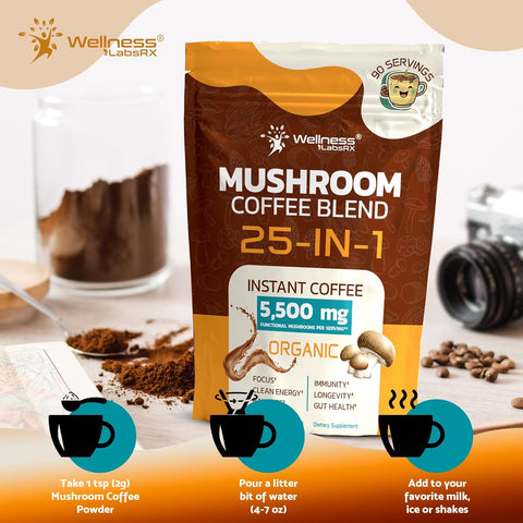 Wellness Labs Reishi Mushroom Coffee 25 in-1 Lions Mane Shiitake 90 Servings