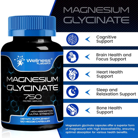 Wellness Labs Magnesium Glycinate for Magnesium Chelate Women and Men 750mg 120 Caps