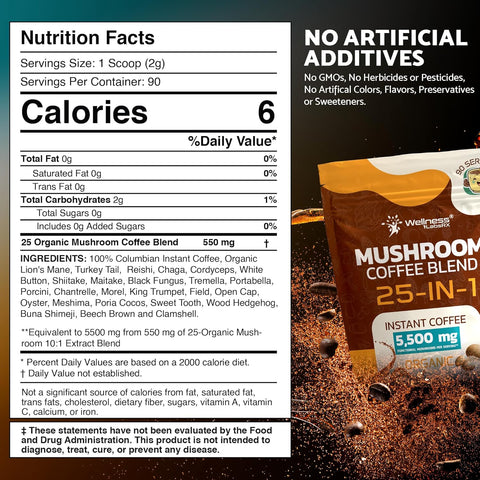 Wellness Labs Reishi Mushroom Coffee 25 in-1 Lions Mane Shiitake 90 Servings